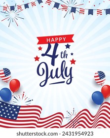 Independence Day USA celebration greeting banner template with American balloons flag decor. 4th of July celebration poster template. Vector illustration.