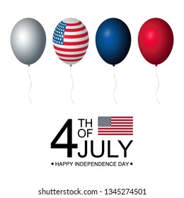 Independence day USA celebration set collection of balloons in red, white and blue colours, with flag decor. Happy 4th of July text with american flag label. For poster, banner design. Vector.