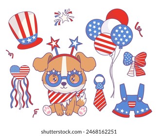 Independence Day USA. Cute funny patriotic dog with clothes, accessories, party decorations in American flag colors. Isolated cartoon kawaii animal and objects. Vector illustration. Kids collection