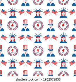 Unabhängigkeitstag der USA flache Vektorgrafik nahtlos Muster. Vierter Feiertag im Juli. Objekte einzeln auf weißem Hintergrund.