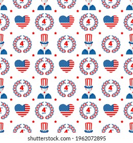 Independence day of USA flat vector seamless pattern. July fourth celebration party. Objects isolated on a white background.