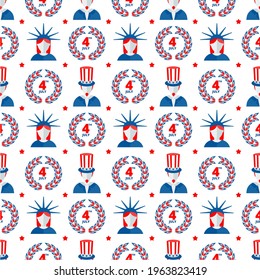 Independence day of USA flat vector seamless pattern. July fourth celebration party. Objects isolated on a white background.