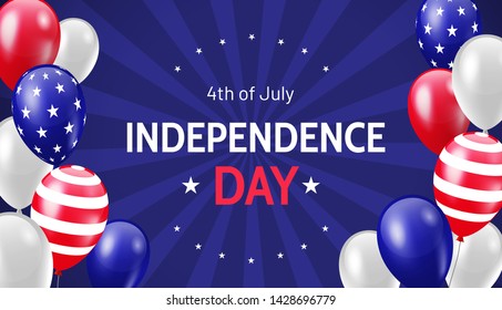 Independence Day USA greeting banner with american flag balloons on blue background. - Vector