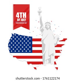 Independence Day of USA. Happy 4th of July. Statue of Liberty.Vector illustration in cartoon style. Isolated on white background.