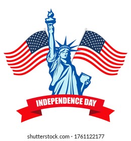 Independence Day of USA. Happy 4th of July. Statue of Liberty.Vector illustration in cartoon style. Isolated on white background.