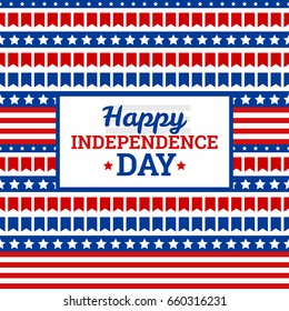 Independence Day in USA, July 4th. Greeting card or banner template, vector design element. Badge with text, red stars, sunburst and colorful stripes