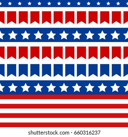 Independence Day in USA, July 4th. Greeting card or banner template, vector design element. Badge with text, red stars, sunburst and colorful stripes