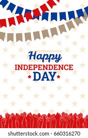 Independence Day in USA, July 4th. Greeting card or banner template, vector design element. Badge with text, red stars, sunburst and colorful stripes