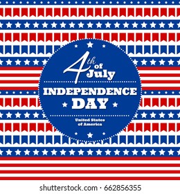Independence Day in USA, July 4th. Greeting card or banner template, vector design element. Pattern of small flags, white stars and colorful stripes, symbol of USA national flag
