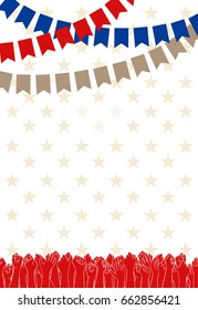 Independence Day in USA, July 4th. Greeting card or banner template, vector design element. Poster with raised hands of many people, voting for freedom and independence