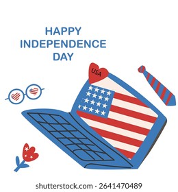 Independence day USA laptop with american flag and patriotic accessories for celebrating july fourth. Promotion design for social networks, e-mail. Vector flat illustration