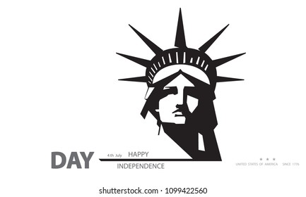 Independence Day USA New York Sculpture. Black and white. Statue of Liberty. National Symbol of America. Illustration, white background. 