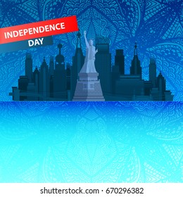 Independence Day USA. New York City with freedom and water. On a patterned background from a hand drawing vector illustration for your design blue sky.