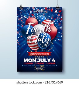 Independence Day Of The USA Party Flyer Design With American Flag Pattern Party Balloon And Falling Confetti. Vector Fourth Of July Design On Dark Background For Celebration Banner, Greeting Card