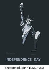 Independence Day, USA. Poster Black and White Linear Picture.Statue of Liberty. National Symbol of America.Illustration, black dark background. Use presentations, corporate reports, postcards, vector