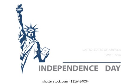 Independence Day, USA. Poster. Blue Linear Picture. Statue of Liberty, book.2018. Symbol of America. Illustration, white,background. Use presentations,corporate reports, text, stripes,postcards,vector