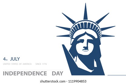 Independence Day, USA. Poster, portrait. Blue Linear Picture. Statute of Liberty, book.2018. Symbol of America. Illustration, white, background. Use presentations, corporate reports,postcards, vector