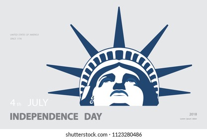 Independence Day, USA. Poster, portrait. Blue Linear Picture. Statute of Liberty. 2018. Symbol of America. Illustration, gray background.