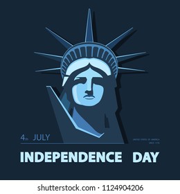 Independence Day, USA. Poster, portrait. Blue Linear Picture. Statute of Liberty, book.2018. Symbol of America. Illustration, dark background. Use presentations, corporate reports, postcards, vector