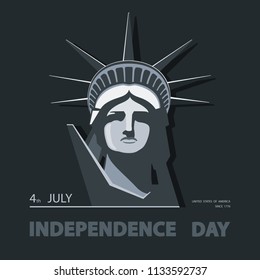 Independence Day, USA. Poster, portrait. Black and white line drawing. Statute of Liberty. Symbol of America. Illustration,dark, black background. Use presentations,corporate reports,postcards, vector