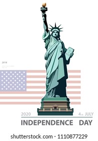 Independence Day, USA. Poster Statue of Liberty, 2020. Flag, New York. National Symbol of America. Illustration, white background. Use presentations, corporate reports, flyers, postcards, vector
