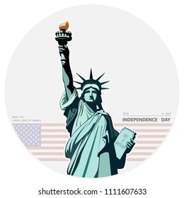 Independence Day, USA. Poster Statue of Liberty, 2018. Flag, New York. National Symbol of America. Illustration,blue background.Use presentations,corporate reports,leaflets, circles, postcards,vector