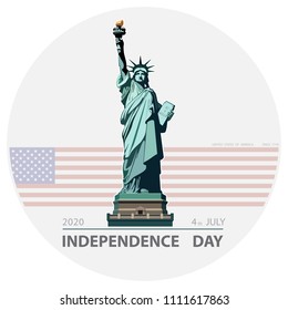 Independence Day, USA. Poster Statue of Liberty, 2018. Flag, New York. National Symbol of America. Illustration,blue background.Use presentations,corporate reports,leaflets, circles, postcards,vector
