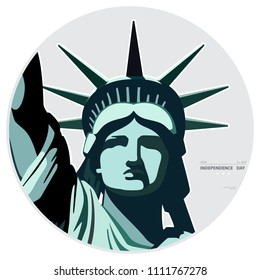 Independence Day, USA. Poster Statue of Liberty, 2018. Flag, New York.National Symbol of America. Illustration, blue background.Use presentations,corporate reports,postcards, circles,postcards,vector
