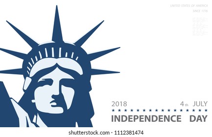 Independence Day, USA. Poster. Statue of Liberty, 2018 Flag, New York. National Symbol of America. Illustration, blue background. Use presentations, corporate reports, flyer, text, postcards,vector