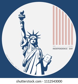 Independence Day, USA. Poster Statue of Liberty, 2018. Flag, New York. National Symbol of America. Illustration, blue background. Use presentations, corporate reports, flyer, circle,postcards,vector