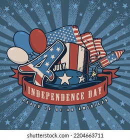 Independence day USA poster vintage colorful 4th July holiday invitation with patriotic hat and flag vector illustration
