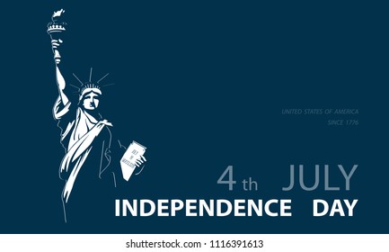 Independence Day, USA. Poster.Blue Linear Picture.Statue of Liberty, book.2018.National Symbol of America.Illustration, dark gray background. Use presentations,corporate reports,flag, postcards,vector