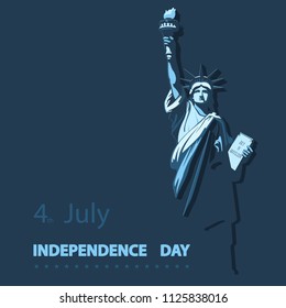 Independence Day, USA. Poster.Blue Linear Picture.Statue of Liberty, book.2018.National Symbol of America.Illustration, dark gray background. Use presentations,corporate reports,flag, postcards,vector