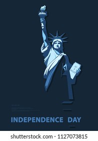 Independence Day, USA. Poster.Blue Linear Picture.Statue of Liberty. 
National Symbol of America.Illustration, dark gray background. Use presentations,corporate reports,flag, postcards,vector