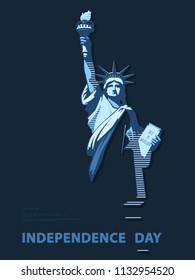 Independence Day, USA. Poster.Blue Linear Picture.Statue of Liberty, book.2018.National Symbol of America.Illustration, dark gray background. Use presentations,corporate reports,flag, postcards,vector