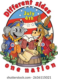 Independence Day USA. Print with the image of Elephant, Republican and Donkey, Democrat.
