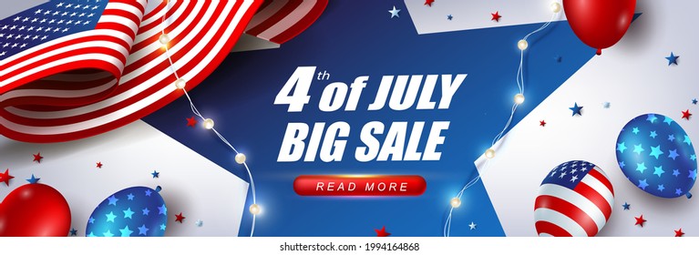 Independence day USA sale banner with american balloons and Flag of the United States. 4th of July poster template. 