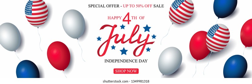 Independence day USA sale celebration banner template american balloons flag decor. 4th of July holiday poster template. Fourth of july poster. Vector illustration.