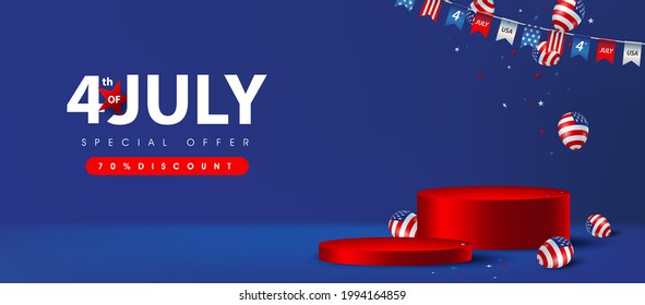 Independence day USA sale poster banner with product display cylindrical shape and american balloons