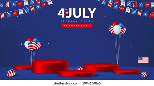 Independence day USA sale poster banner with product display cylindrical shape and american balloons