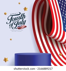 Independence day USA sale poster banner with product display cylindrical shape and America waving flag