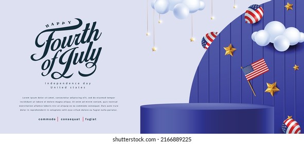 Independence day USA sale poster banner with product display cylindrical shape and american balloons