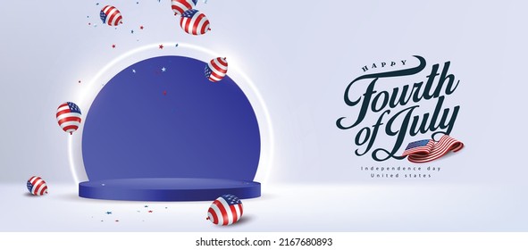 Independence day USA sale poster banner with product display cylindrical shape and american balloons