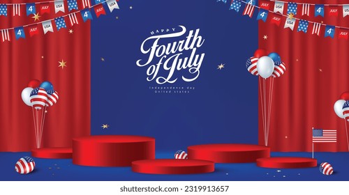 Independence day USA sale poster banner background with stage product display cylindrical shape and festive decoration 