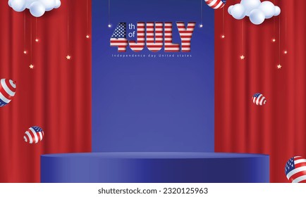 Independence day USA sale poster banner background with stage product display cylindrical shape and festive decoration 