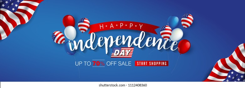 Independence day USA sale promotion advertising banner template american balloons flag decor.4th of July celebration poster template.voucher discount.Vector illustration .