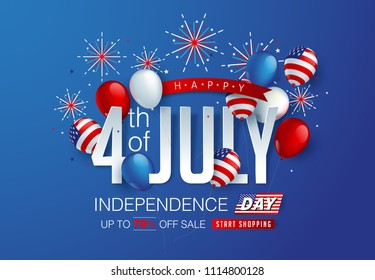 Independence day USA sale promotion banner template american balloons flag and Colorful Fireworks decor.4th of July celebration poster template.fourth of july voucher discount.Vector illustration .