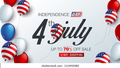 Independence day USA sale promotion banner template american balloons flag and Colorful Fireworks decor.4th of July celebration poster template.fourth of july voucher discount.Vector illustration .