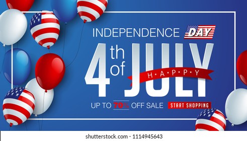 Independence day USA sale promotion banner template american balloons flag and Colorful Fireworks decor.4th of July celebration poster template.fourth of july voucher discount.Vector illustration .