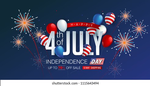 Independence day USA sale promotion banner template american balloons flag and Colorful Fireworks decor.4th of July celebration poster template.fourth of july voucher discount.Vector illustration .